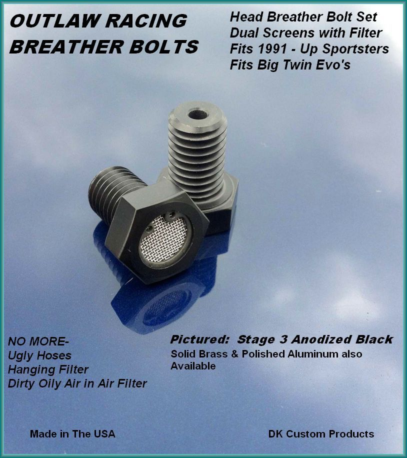 DK Custom Stage 3 Anodized BLACK Breather Bolts**** Harley Davidson